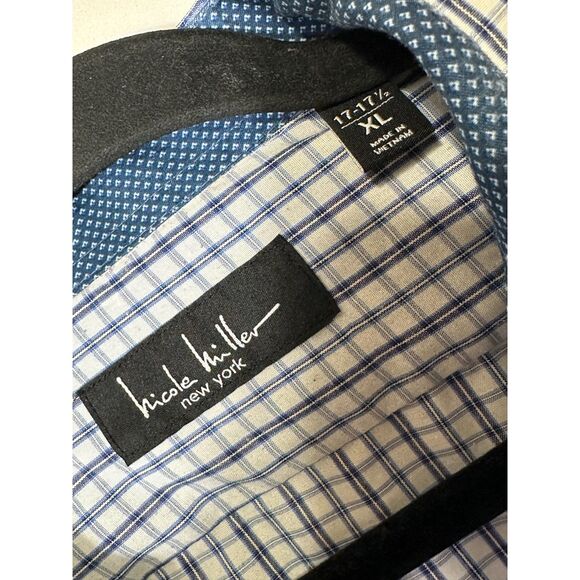 Nicole Miller Men's Small Blue Checked Long Sleeve Button Down Shirt, Size XL - Picture 2 of 3